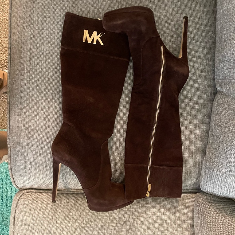 Michael Kors Dark Brown Heeled Boots with Gold Accents